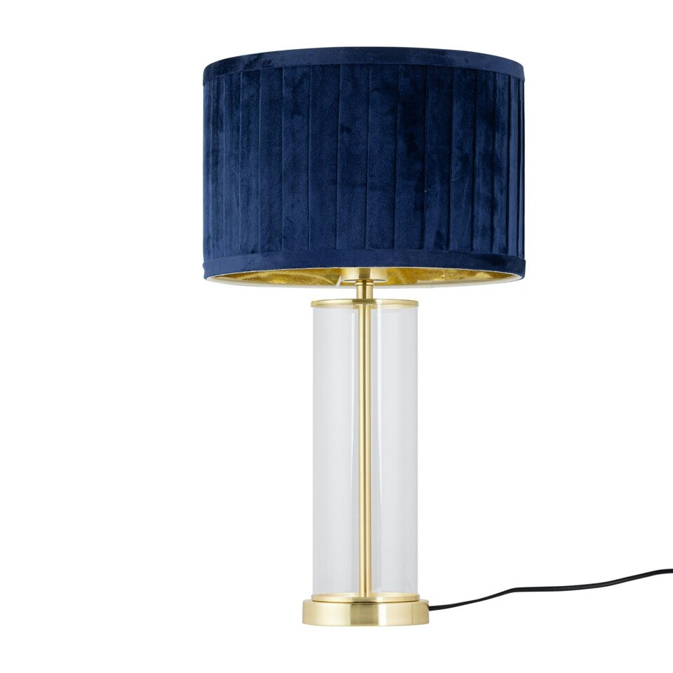image 1 of Set of 2 Aura - Satin Brass Lamps with Navy Blue Pleated Velvet Shades Bronze | Blue