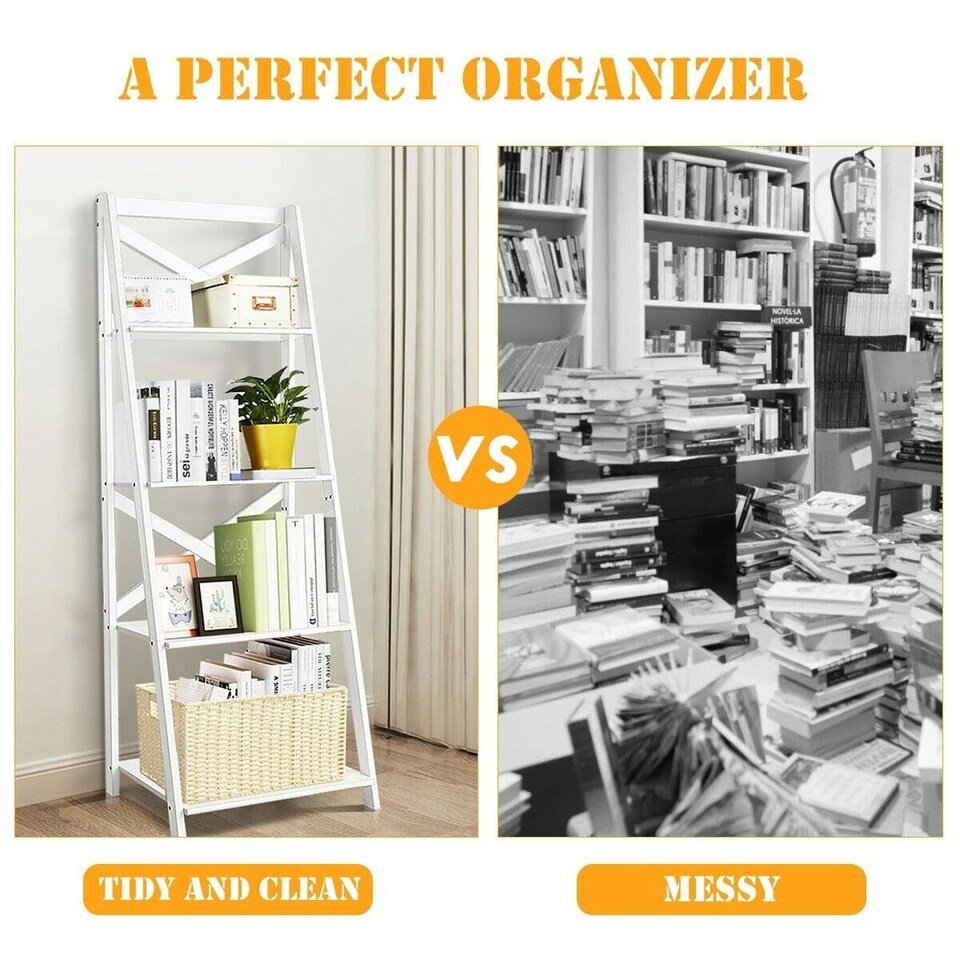 image 1 of COSTWAY 4 Tier Ladder Shelf Storage Wooden Bookcase White White