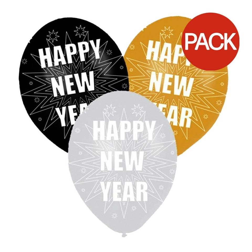 Amscan Latex New Year Balloons (Pack of 6) - Black/Yellow/Grey - One Size