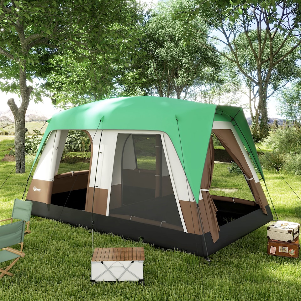 image 1 of Outsunny Camping Tent with 3000mm Waterproof Rainfly & Screen Panels, Green