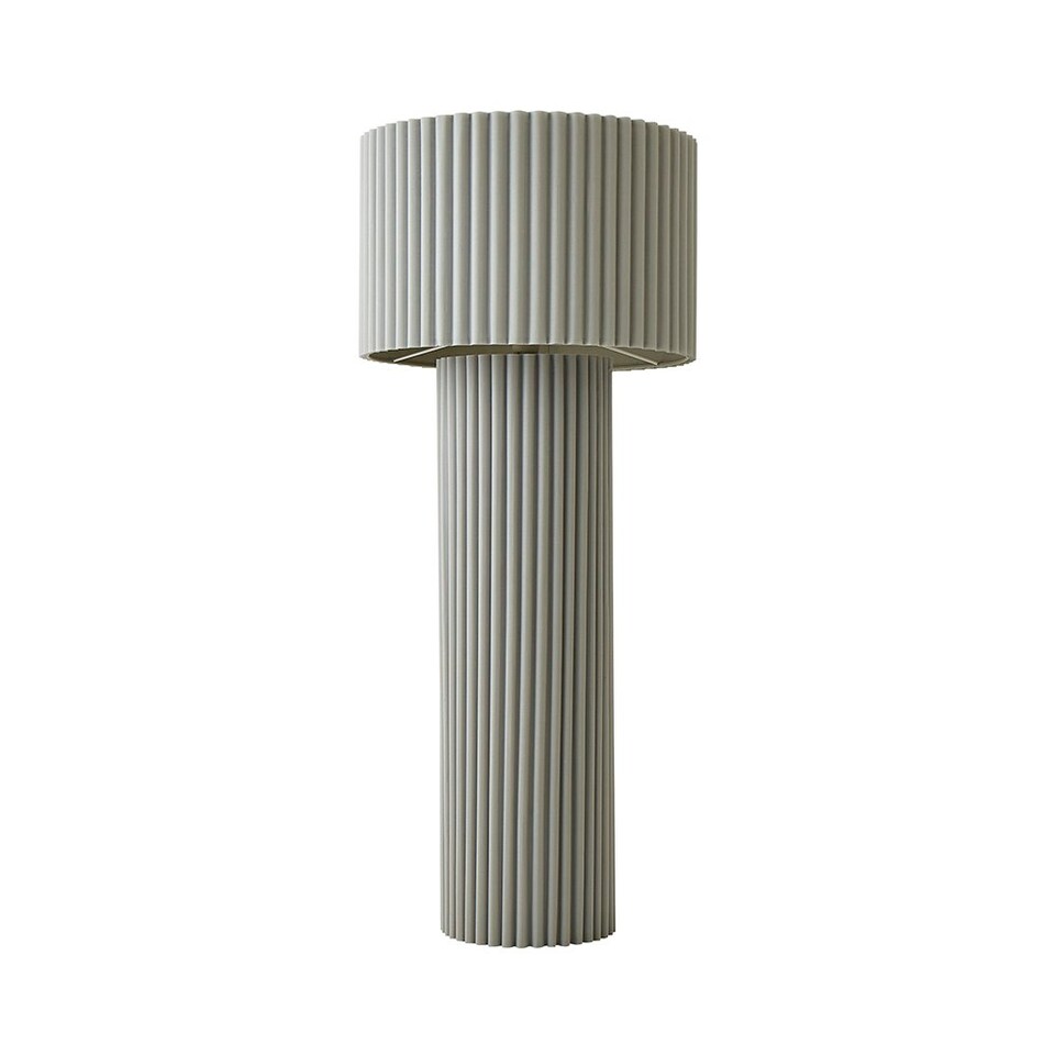 image 1 of ValueLights Lenny Stone Grey Drum Lamp Shade Ribbed Fabric Midi Floor Lamp with LED Bulb Grey