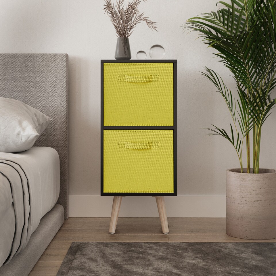 image 1 of Black 2-Tier 2-Drawer Cube Shelving Unit with Scandinavian Legs | Yellow | Yellow & Pine | 1