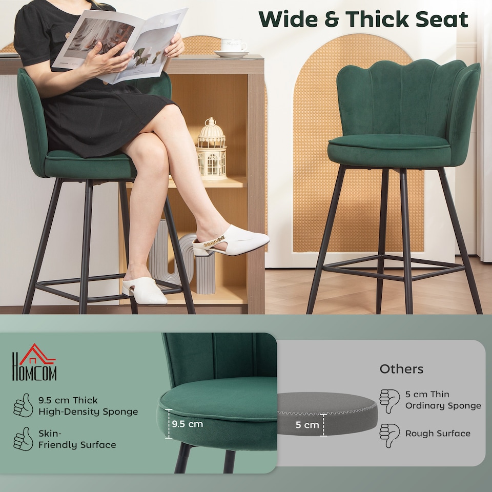 image 1 of HOMCOM Bar Stools Set of 2, Modern Velvet-Feel Barstools with Petal Backrest and Footrest, Upholstered Breakfast Bar Chairs with Metal Legs for Kitchen Island Counter, Dining Room, Dark Green
