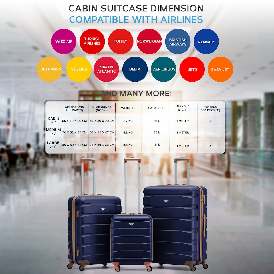 image 1 of Flight Knight Suitcase Set, Large Suitcase, Extra Large Suitcase, Cabin Suitcase 55x40x20cm - 60+ Airlines Approved - EasyJet, Jet2, Ryanair Priority Carry On Blue | Navy/Tan | Large