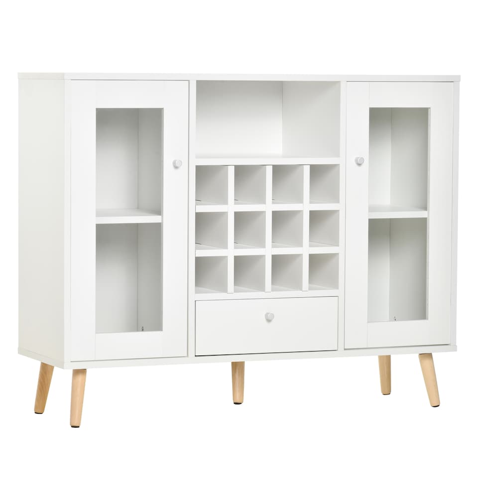image 1 of HOMCOM Modern Sideboard Storage Cabinet Kitchen Cupboard Dining Bar Server with Glass Doors, Drawer & 12-Bottle Wine Rack for Living Room, White | White | White