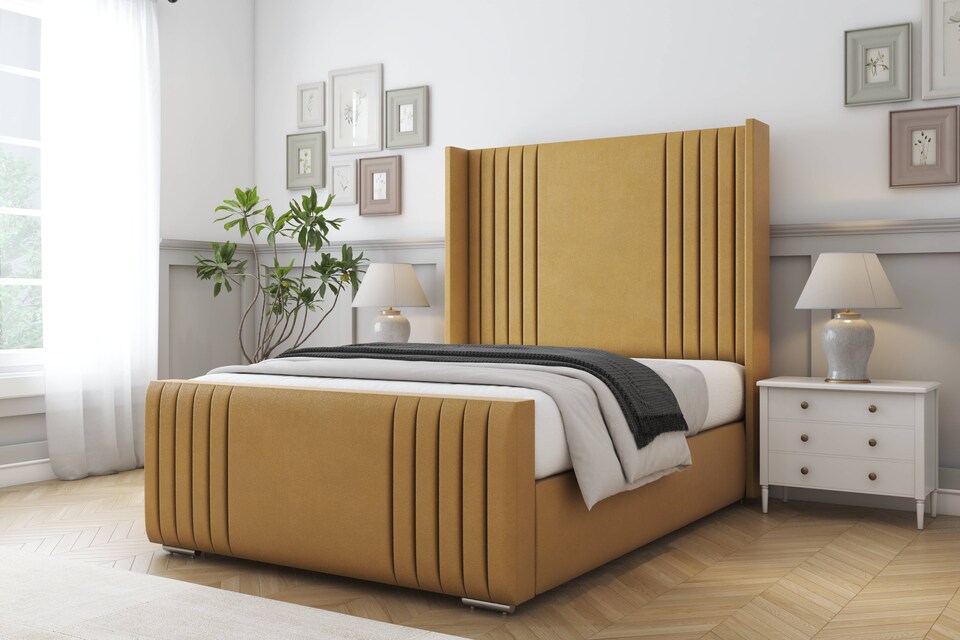 image 1 of Sloomy Camden Mustard Plush Bed Frame With 50"  Upholstered Wingback Headboard 4'6 Double