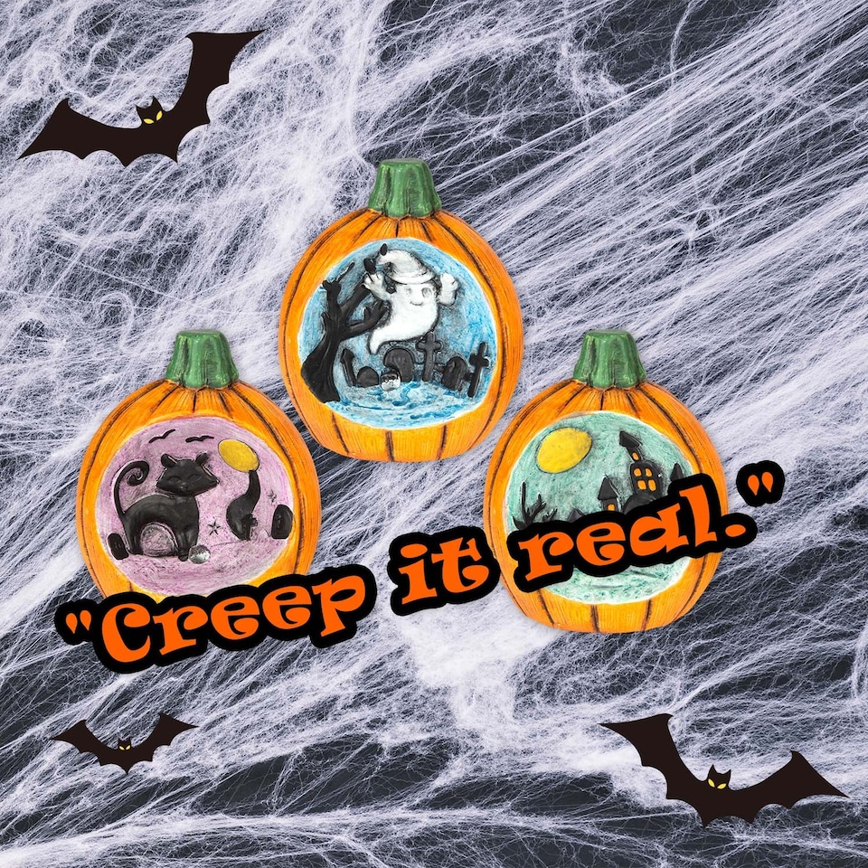 image 1 of vfm-estore Halloween LED Pumpkin Scenes 3-Pack - Cat, Ghost, House Multicolour Decorations