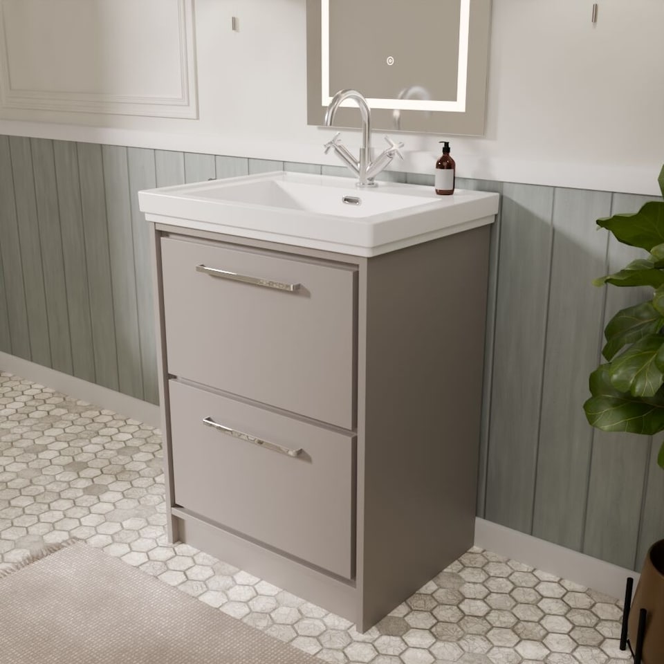 image 1 of Balterley Modern Bathroom Floor Standing 2-Drawer Vanity Unit with Fireclay Basin - 1 Tap Hole | Grey | Pebble Grey | 1