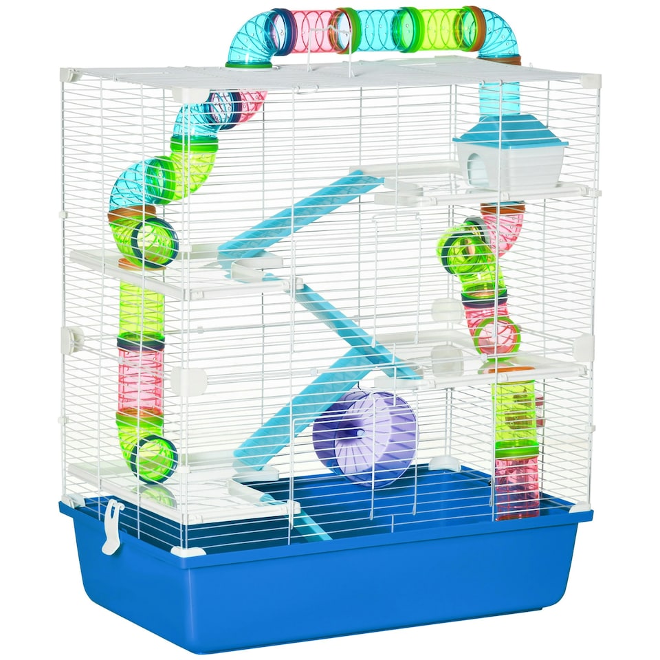 image 1 of PawHut Hamster Cage with Water Bottle, Exercise Wheel, Ramps - Blue