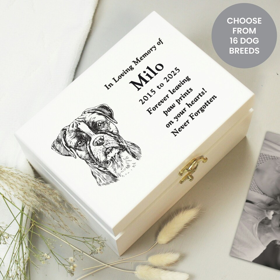 image 1 of Personalised Dog Breed Memorial Small Keepsake Box White