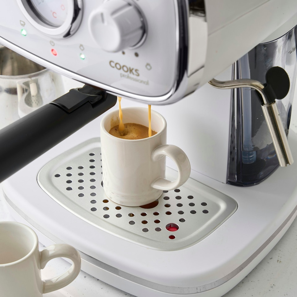 image 1 of Cooks Professional Retro Espresso Machine | 15-Bar Pressure | Steam Wand | Large 1.2L Water Tank | White & Silver