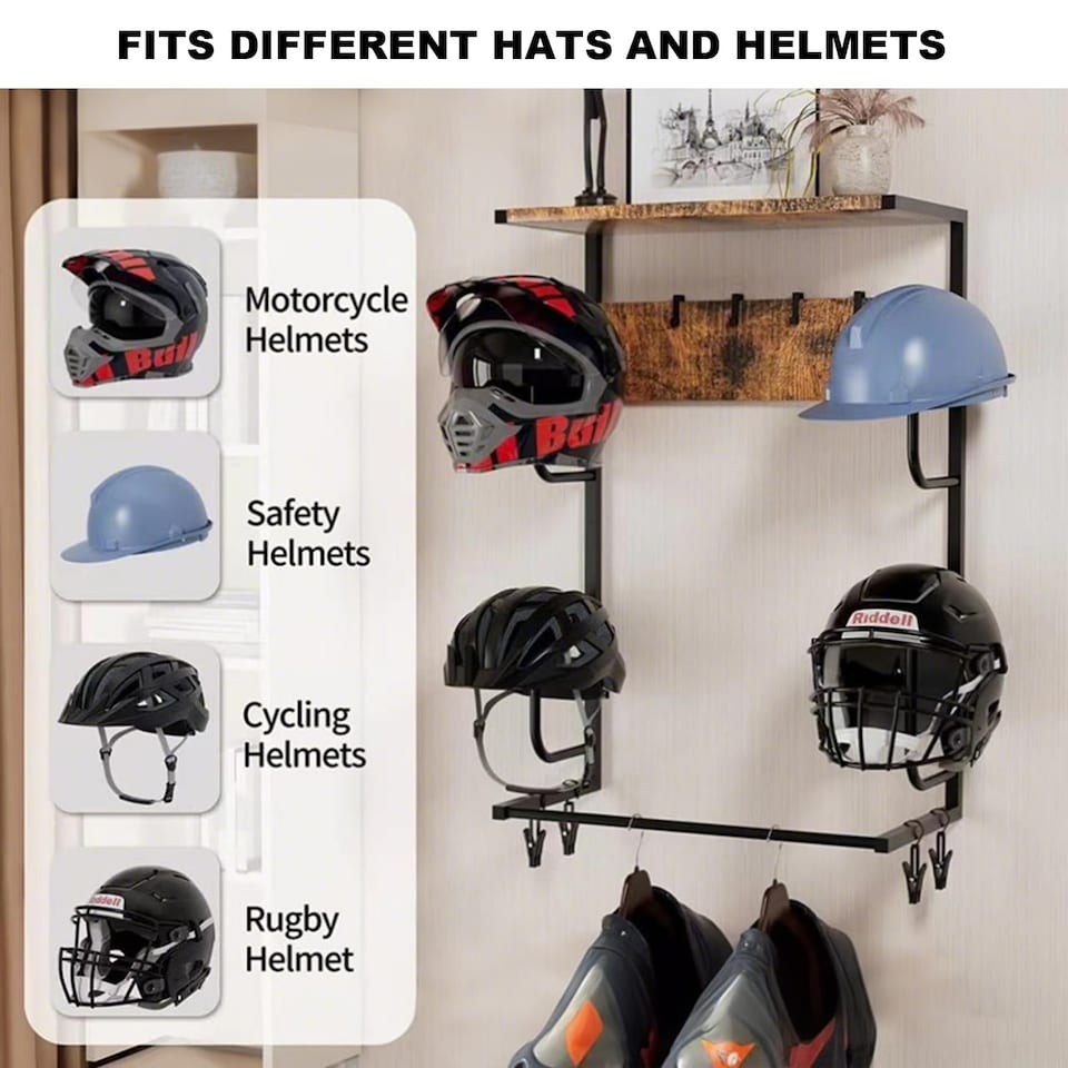 image 1 of London Boutique Motorcycle Helmet Wall Storage Rack with Riding Boot & Jacket Hooks 42 x 25 x 81cm