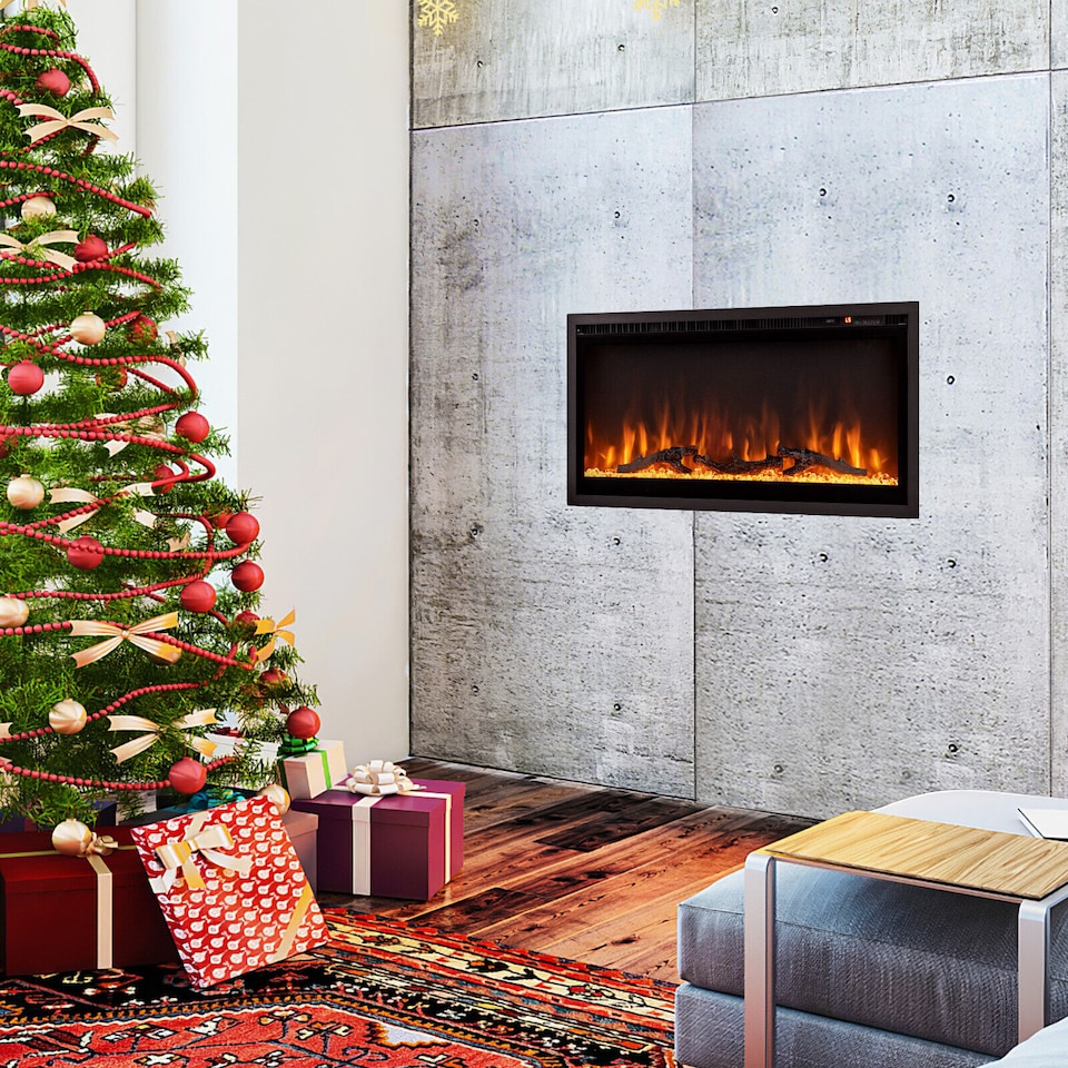 image 1 of COSTWAY Wall-Mounted Recessed Freestanding Fireplace Black