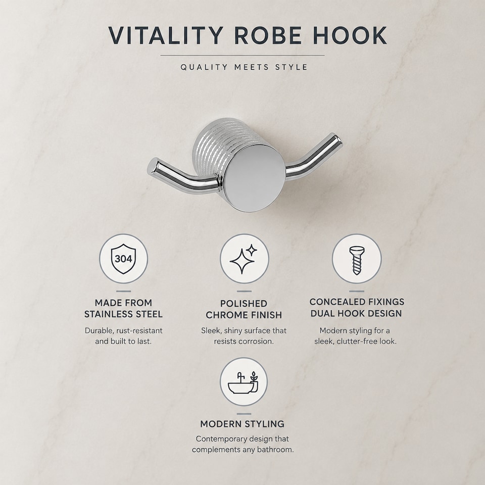 image 1 of Showerdrape Vitality Chrome Stainless Steel Wall Mounted Double Robe Hook | Silver | 1