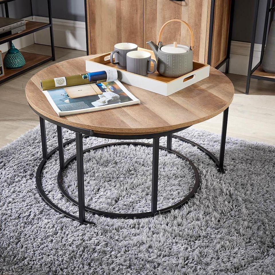 image 1 of Round Nest of 2 Coffee Tables Stackable Side Tables Unit Oak Effect Finish