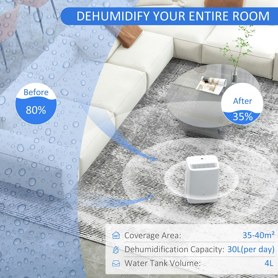 image 1 of HOMCOM 30L/Day Dehumidifier for Home, with Auto-Clean Filter, 24H Timer