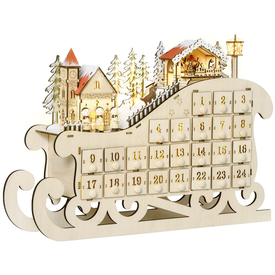 image 1 of HOMCOM Christmas Advent Calendar Light Up Sleigh w/ Countdown Drawer, Village