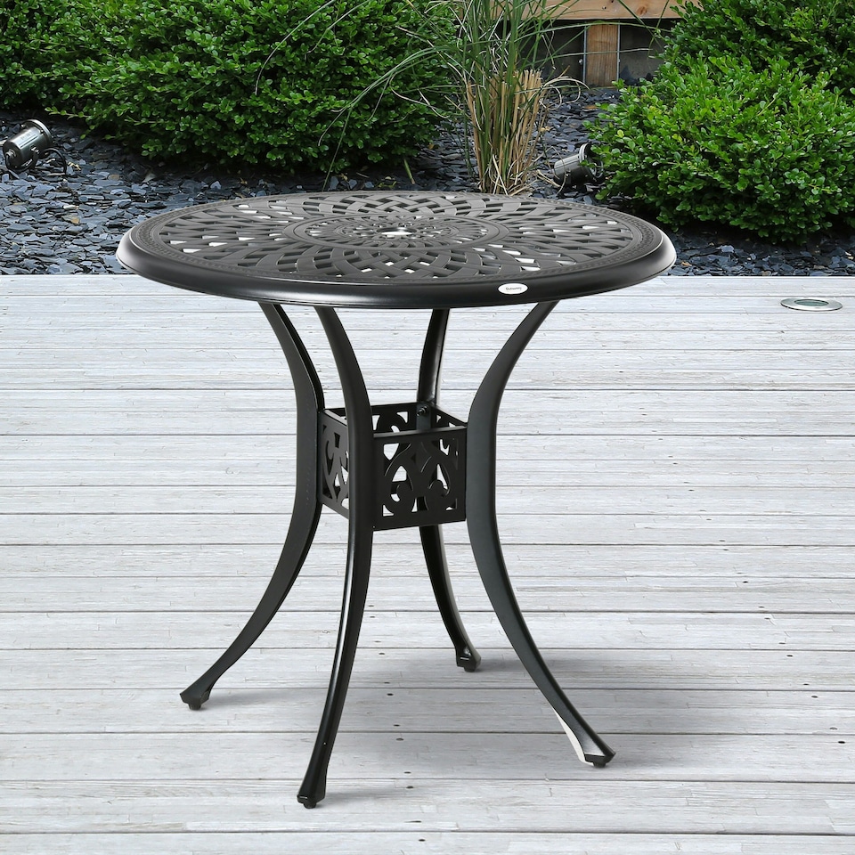 image 1 of Outsunny 78cm Round Garden Dining Table with Parasol Hole Cast
