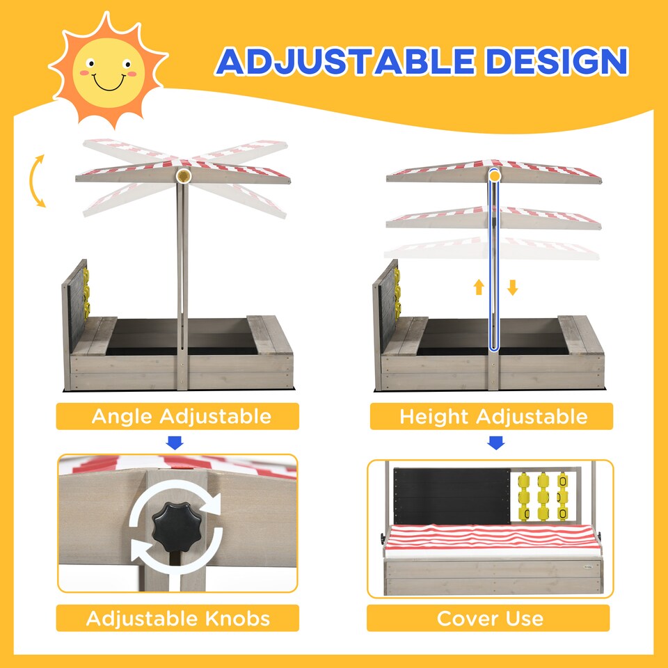 image 1 of Outsunny Kids Wooden Sandpit, Sandbox w Canopy, Seats, for Gardens - Grey