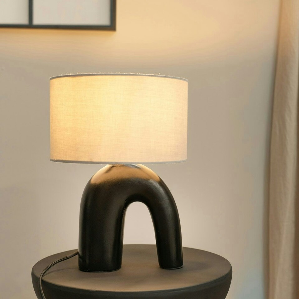image 1 of ValueLights Lia White Fabric Drum Lamp Shade Black Arch Abstract Ceramic Table Lamp Black