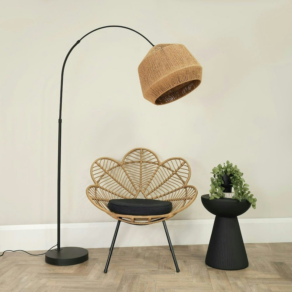 image 1 of ValueLights Louis Black Arched Curved Floor Lamp with Natural Rope Dome Lamp Shade Brown
