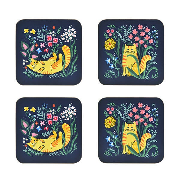 Ulster Weavers 'Marmalade Meadow' Playful Cat Print Printed MDF Coasters (4 Pack) in Navy