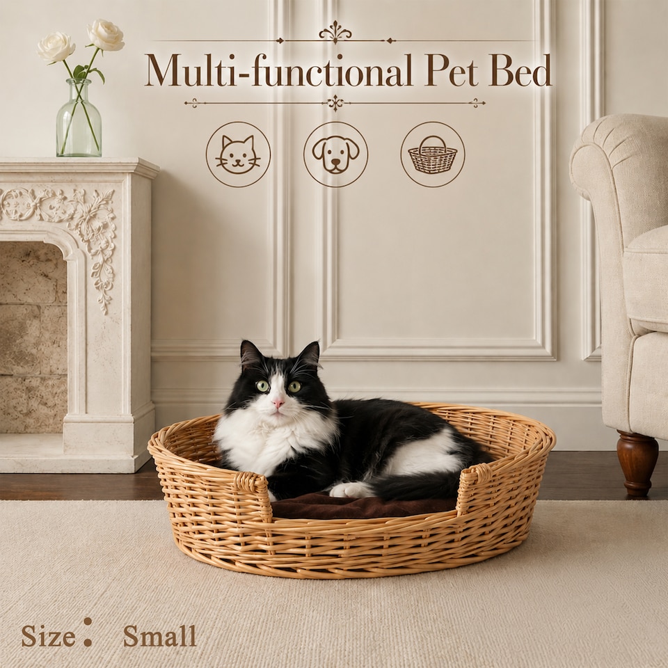image 1 of Honey Color Wicker Dog Pet Bed with Washable Cushions (Large)