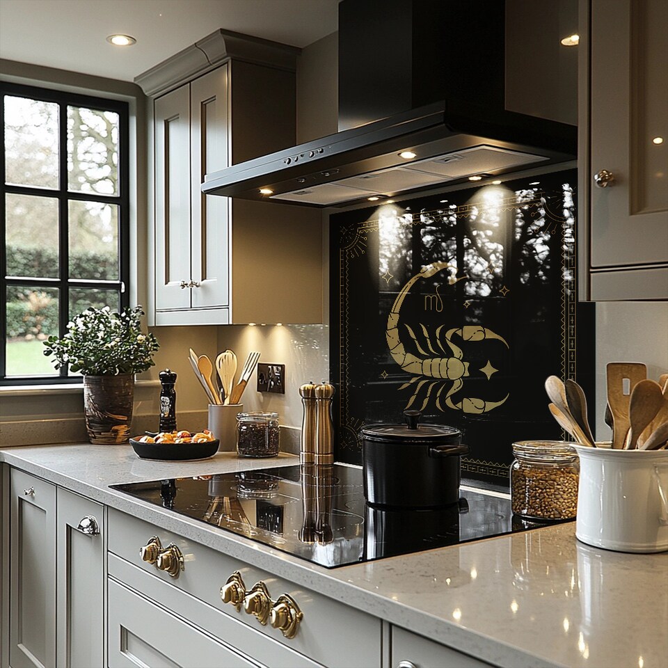 image 1 of Zodiac Scorpio Horoscope In Black & Gold Dining Splash Back | White