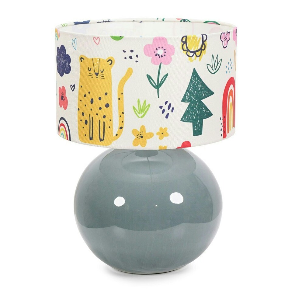 image 1 of ValueLights Bosco Eucalyptus Teal Globe Ceramic Table Lamp with Cartoon Doodle Lamp Shade and LED Bulb
