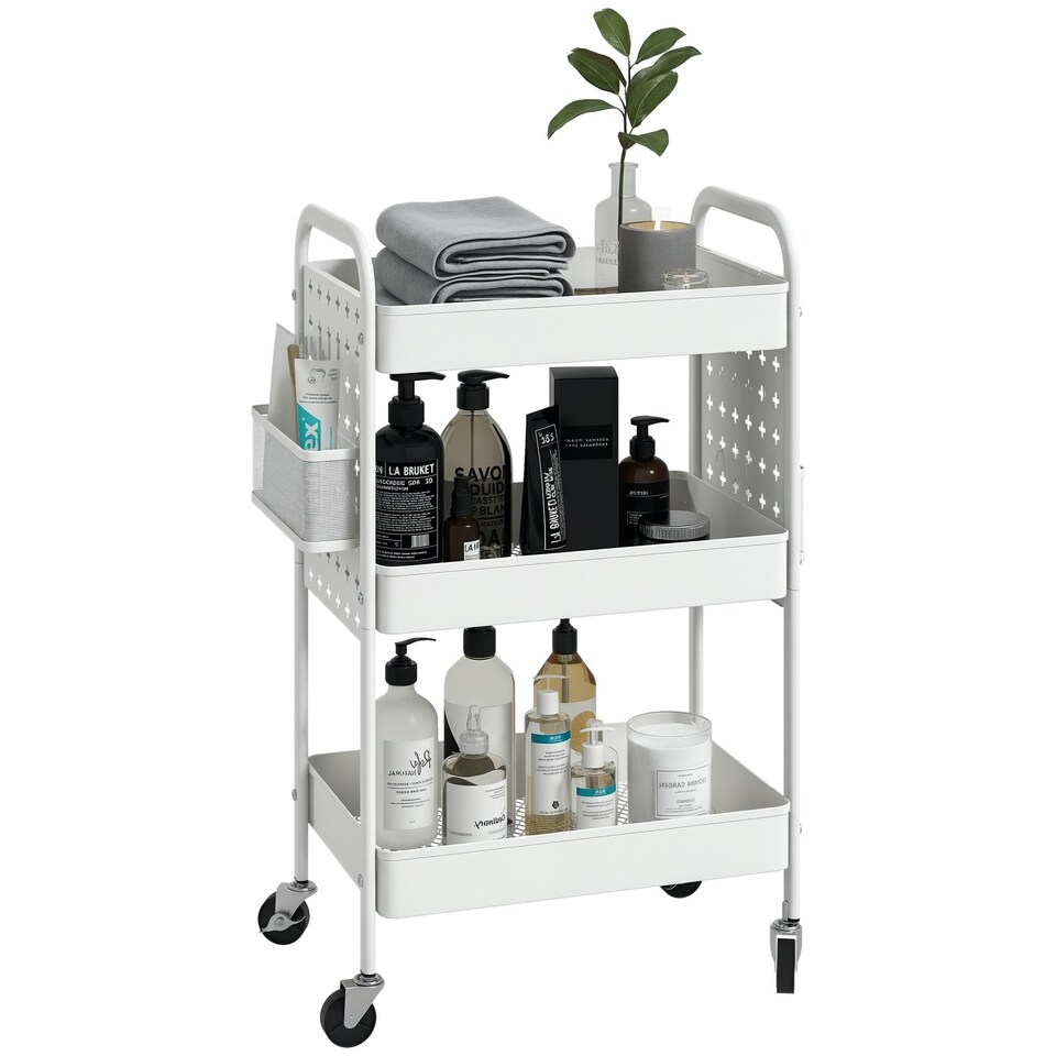 image 1 of HOMCOM Rolling Utility Cart with 3 Mesh Basket, 2 Boxes, 6 Hooks for Kitchen