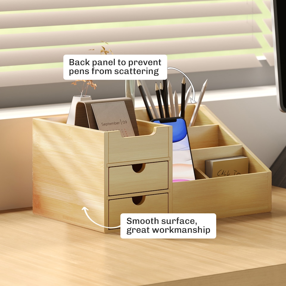 image 1 of HOMCOM Organiser Holder Multi-Function Storage Caddy Drawers Natural Bamboo