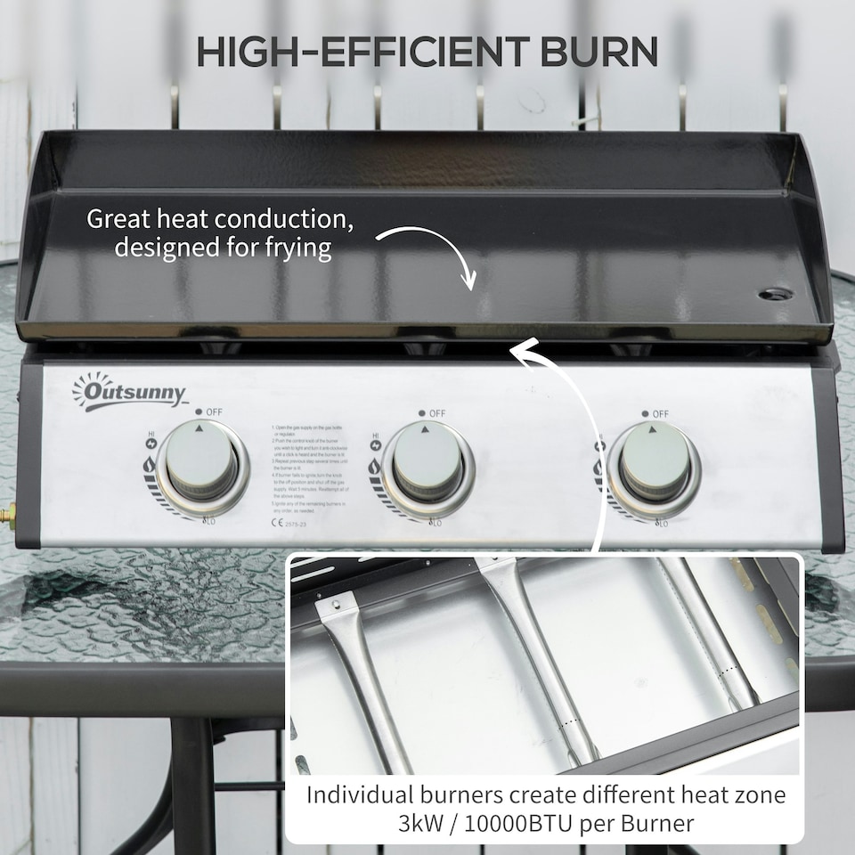 image 1 of Outsunny Portable Gas Plancha BBQ Grill with 3 Stainless Steel Burner, 9kW