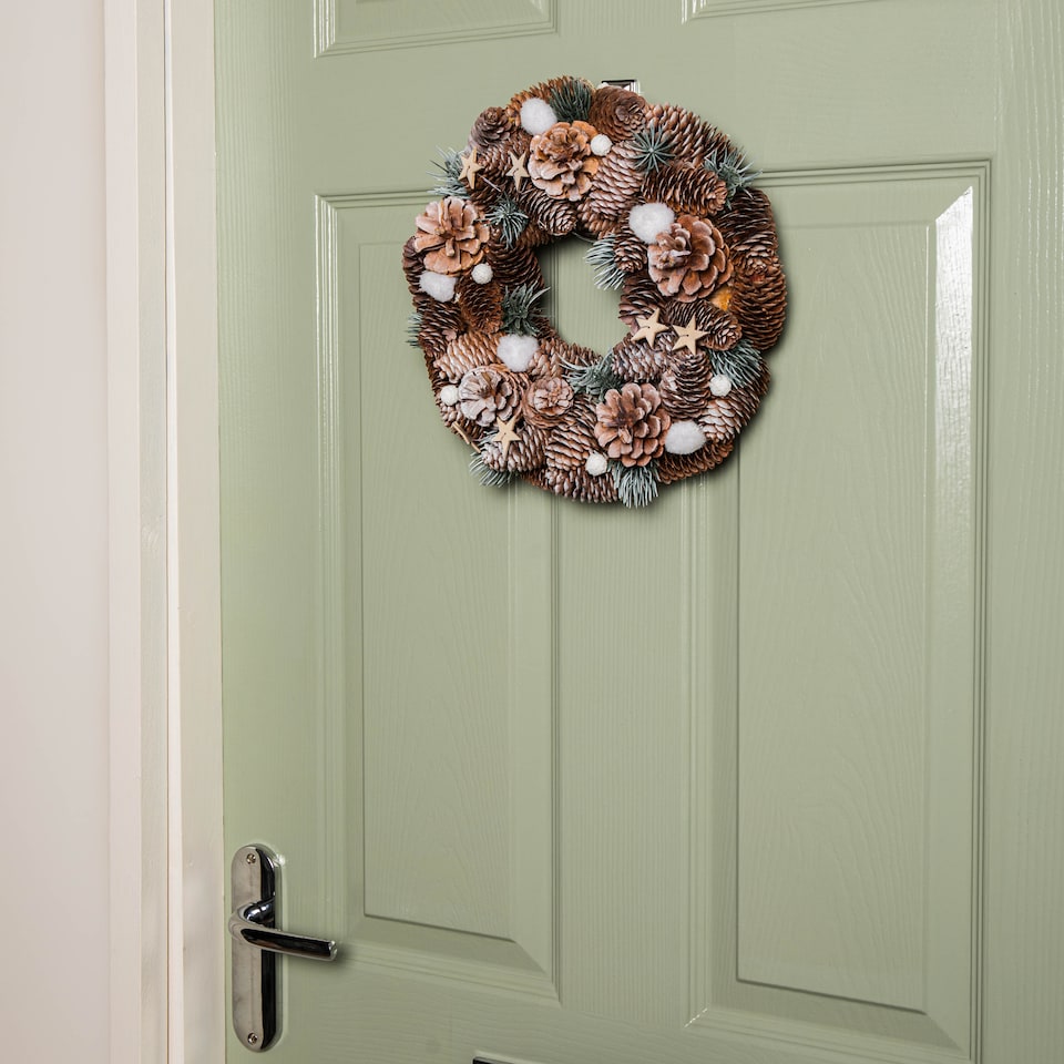 image 1 of 30cm Frosted Hanging Christmas Wreath with Pine Cones & Wooden Stars