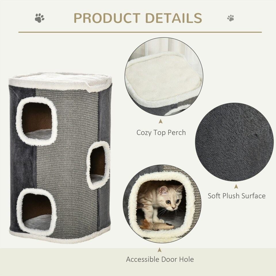 image 1 of PawHut Cat Barrel Scratching Post Tree, Plush Fleece Indoor Cat Tower, Grey