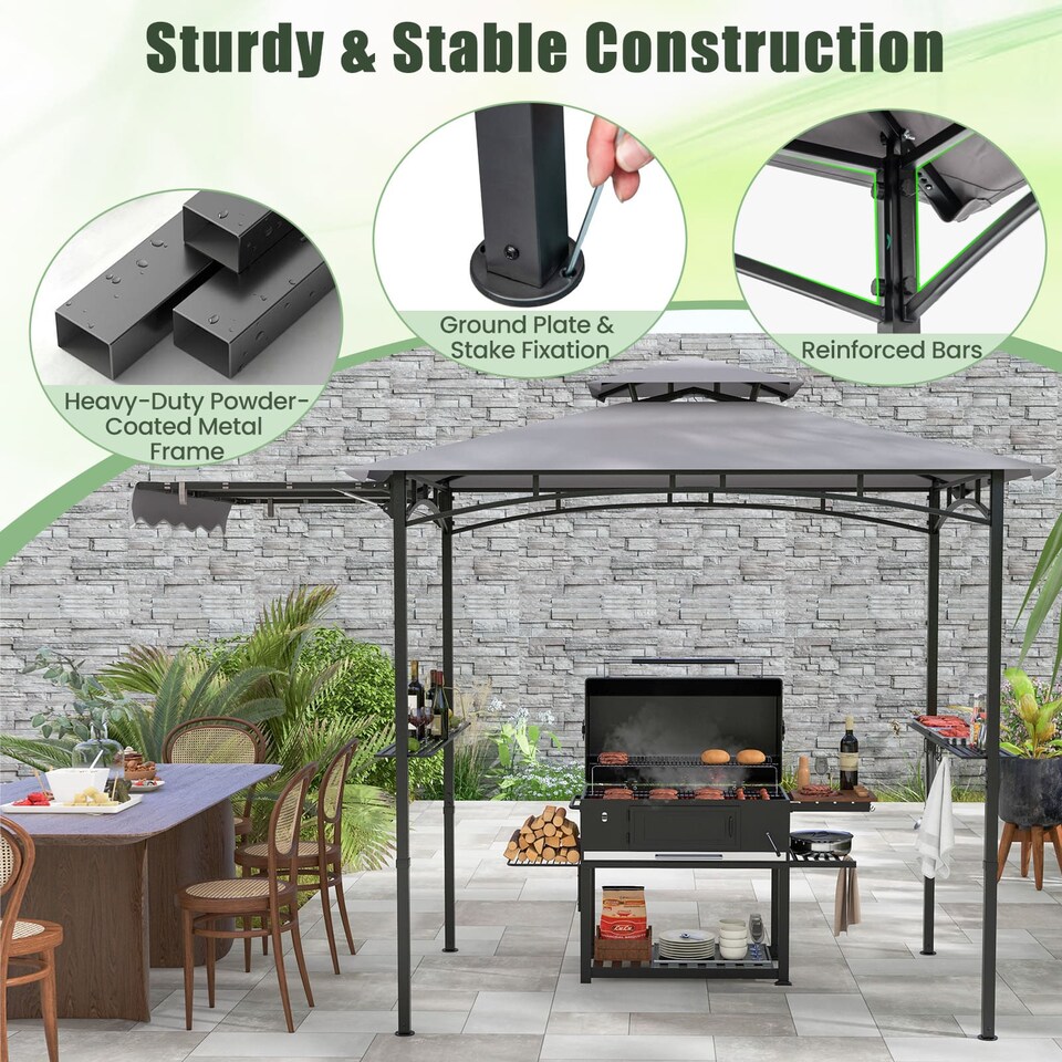 image 1 of COSTWAY 318x153cm Grill Gazebo Outdoor Barbecue Canopy Tent w/Side Awning-Grey
