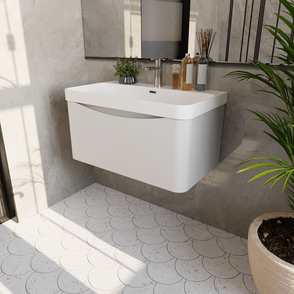 image 1 of Balterley Arch Modern Bathroom Wall Hung 1 Drawer Vanity Unit & Ceramic Basin | White | Satin White