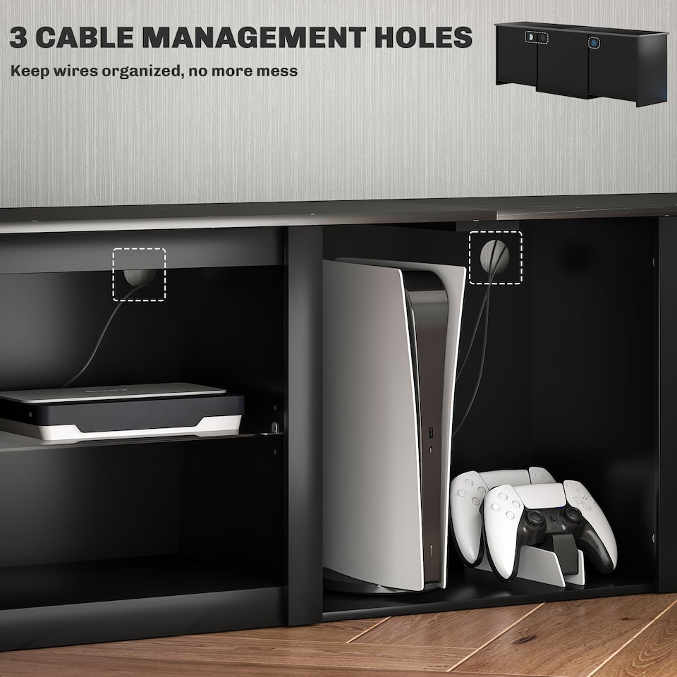 image 1 of HOMCOM TV Unit with LED Lights for TV up to 65 Inch, 160cm TV Stand Cabinet with Adjustable Glass Shelves, Open Compartments for Gaming Consoles, TV Cabinet for Living Room, Bedroom, Black