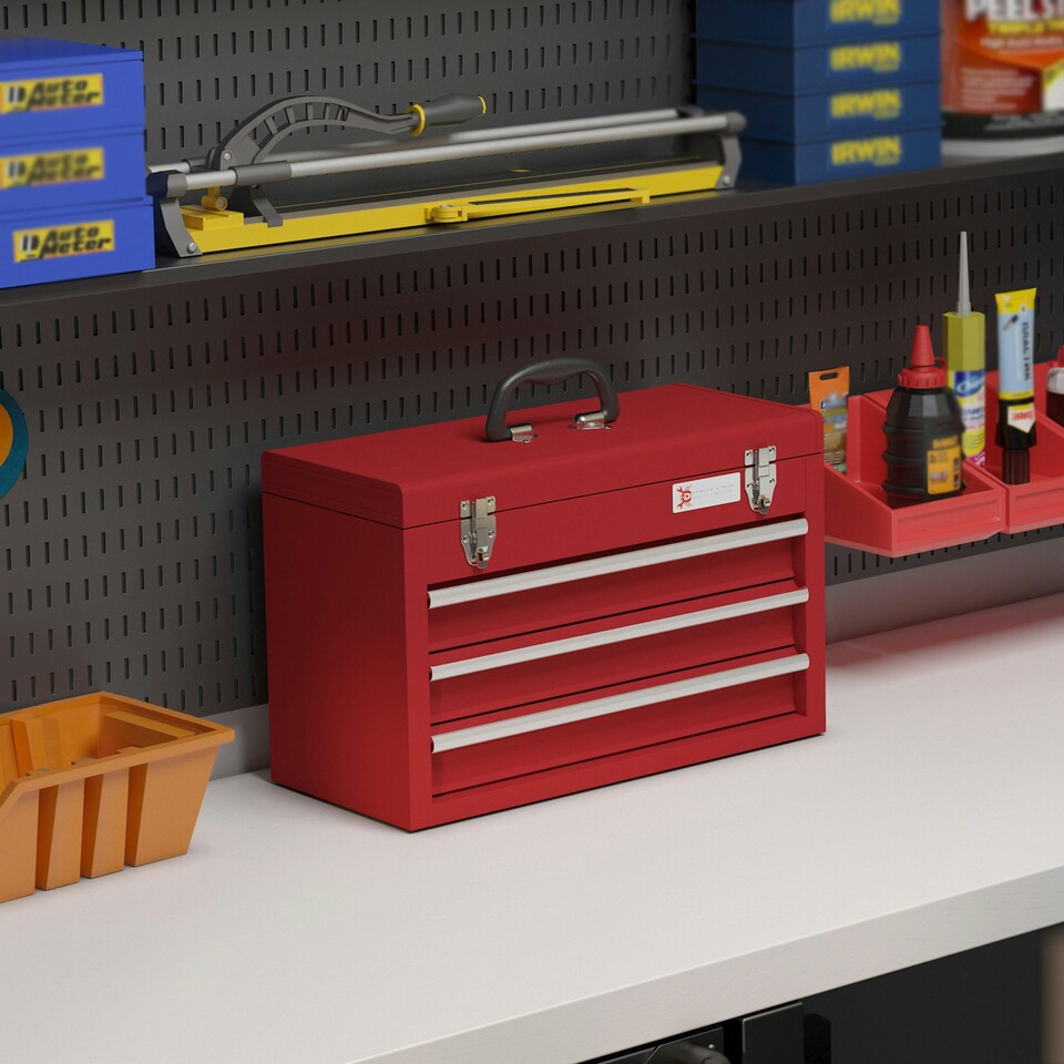 image 1 of DURHAND Lockable 3 Drawer Tool Chest with Ball Bearing Slide Drawers Red | Red | 51L x 22W x 32H cm | 1