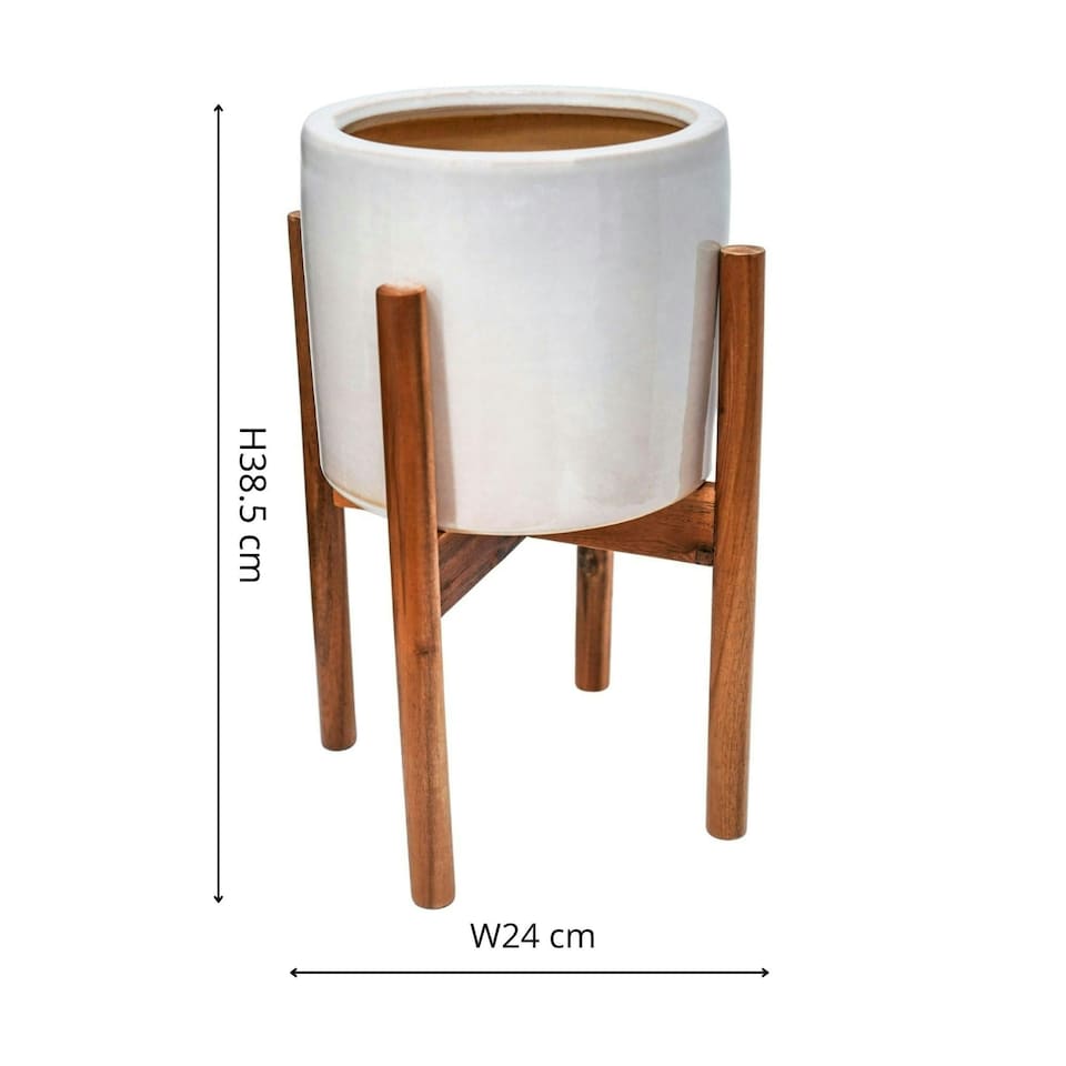 image 1 of Anzio Stone Planter with Wooden Stand - Ceramic - L24 x W24 x H38.5 cm - White | White