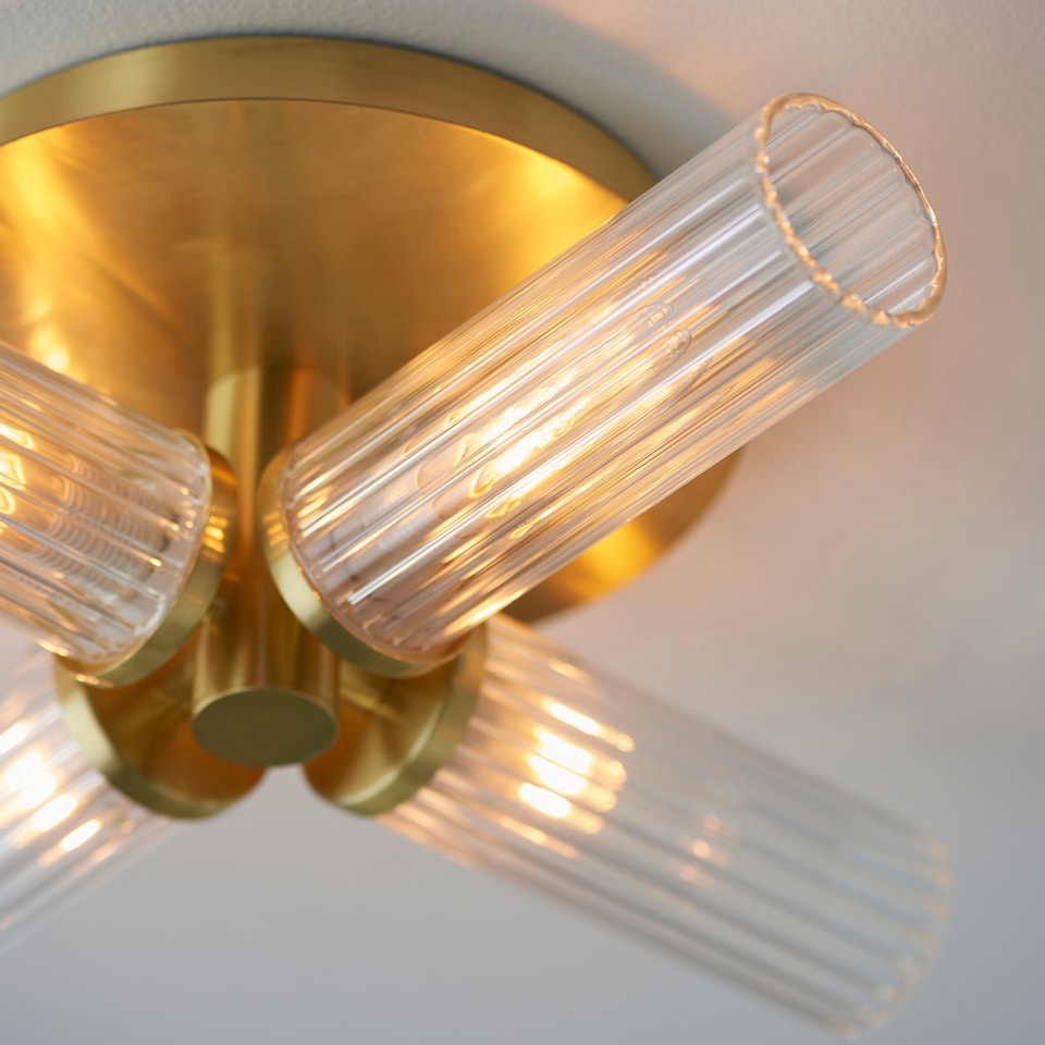 image 1 of Talo Bathroom Multi Arm Glass Semi Flush Ceiling Lamp, Satin Brass Plate, Ribbed Glass, IP44