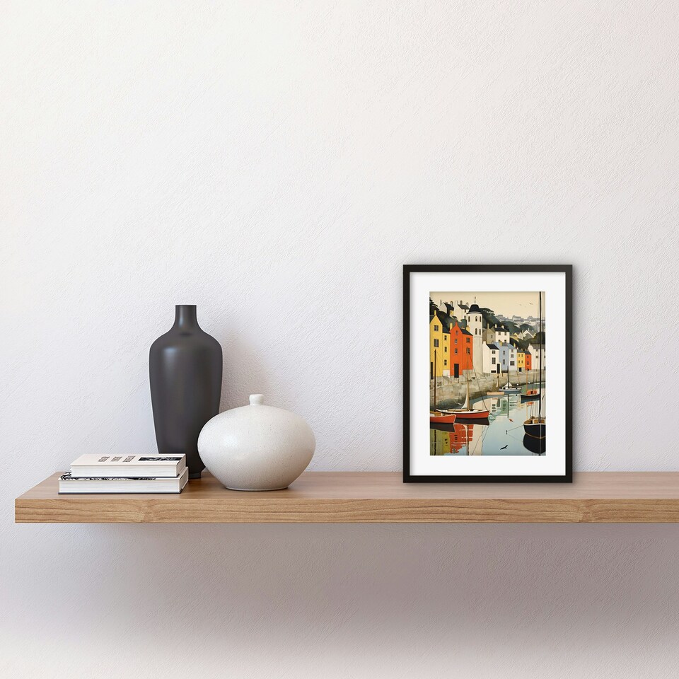 image 1 of Dartmouth Harbour Boats Watercolour Painting 9x7" Black Framed Wall Art Print