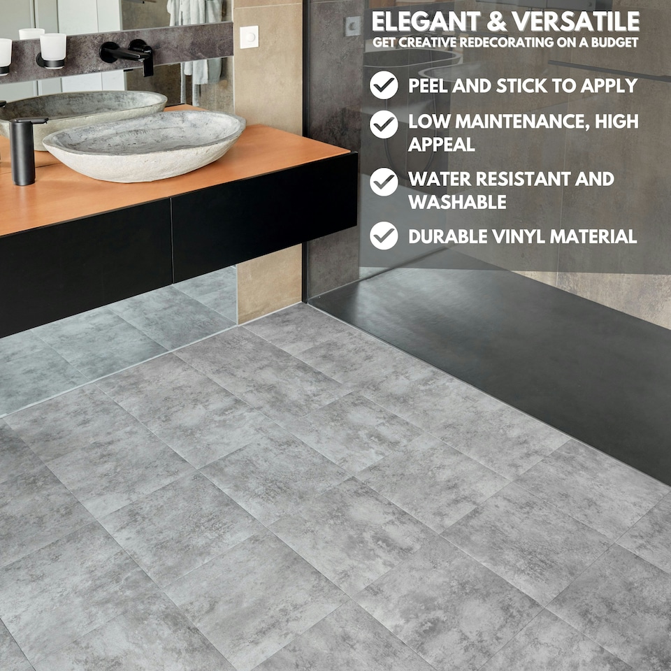 image 1 of NOVECRAFTO Vinyl Floor Tiles Self Adhesive – 12x12in Peel and Stick Flooring for Kitchen, Bathroom & Living Room – Grey Granite Effect Design Grey | 5.57 sqm