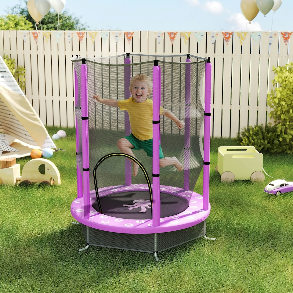 image 1 of AIYAPLAY 4.6FT Kids Trampoline with Safety Enclosure Net, Purple