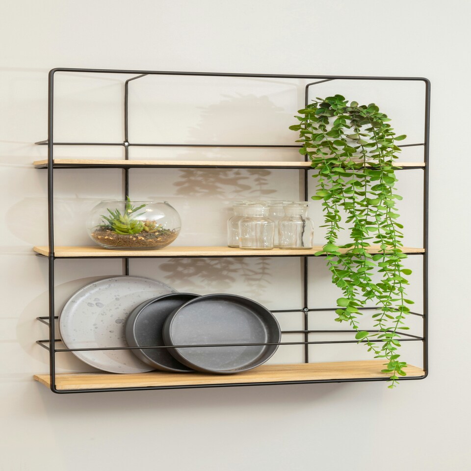 image 1 of Interiors By Premier Ample Storage 3 Layer Shelf, Durable Design Metal Frame Shelf For Balcony, Stylish Hanging Frame Shelf Black