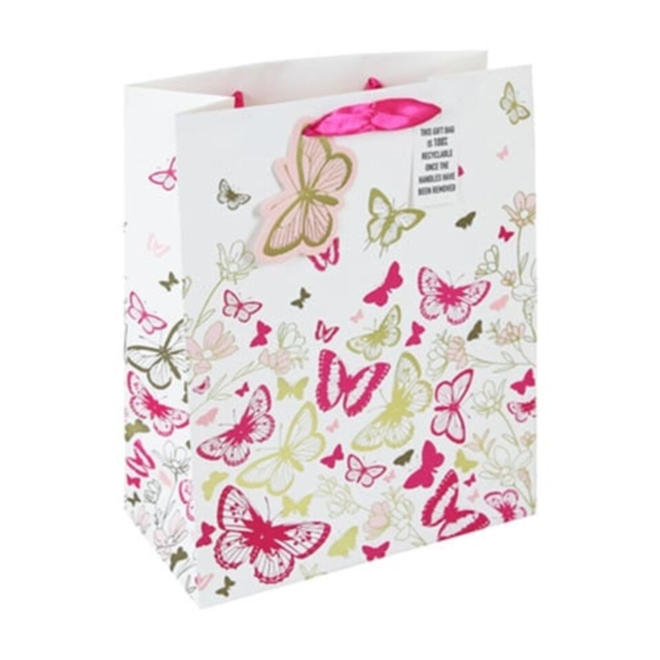 Pink & Gold Butterflies Large White Gift Bag 33cm
