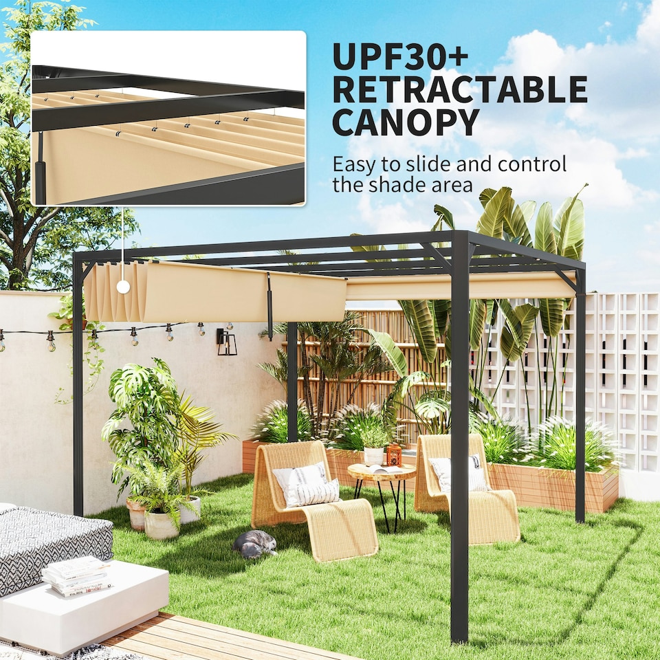 image 1 of Outsunny 3 x 3(m) Pergola with Retractable Roof & Roller Shade, Khaki