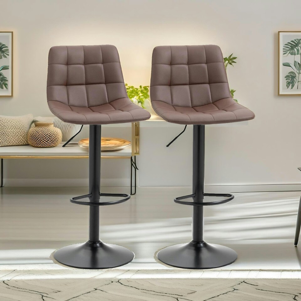 image 1 of 2PC Adjustable Height 360 Swivel Barstools Set With Shell Backrest Brown Brown