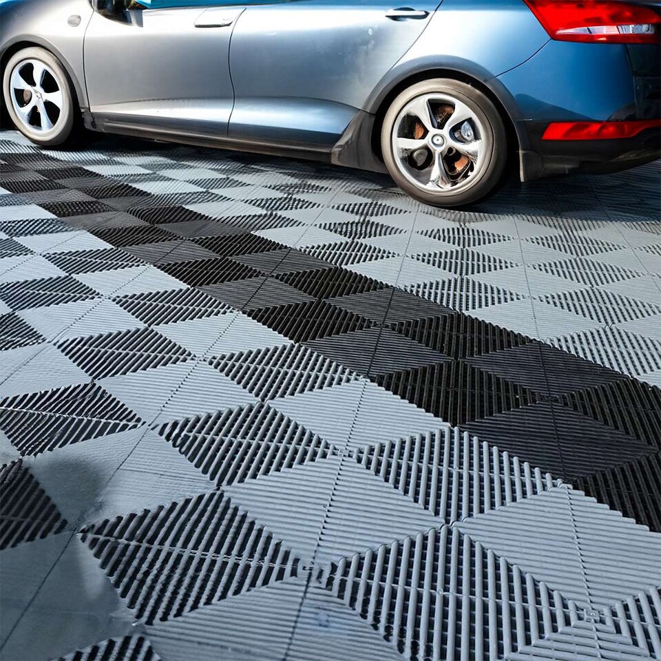 image 1 of Modular Interlocking Ribbed Vented Garage Floor Tiles - Grey | Grey | Grey