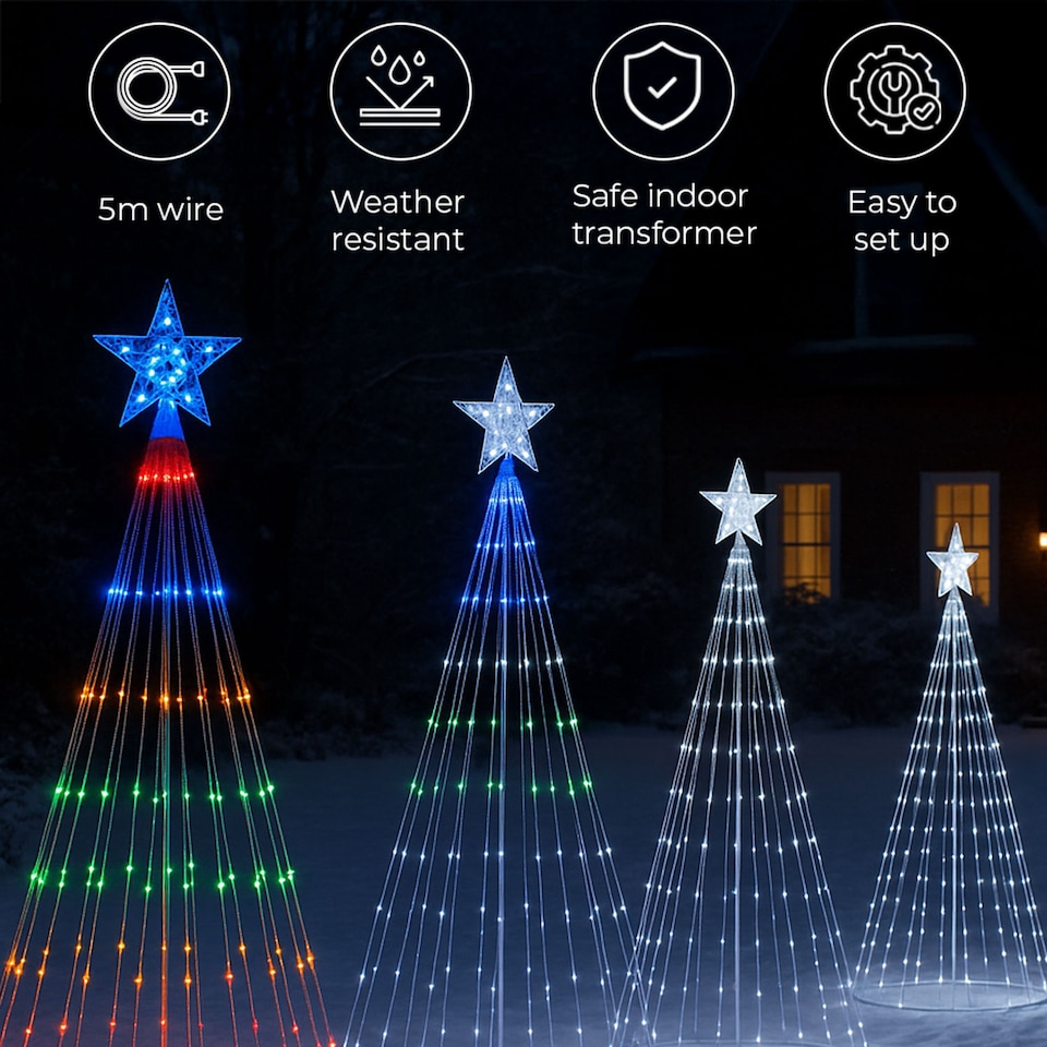 image 1 of Neo White Waterfall LED Outdoor Christmas Tree Light Cascading Star Tree with 5m Lead Multi Function Modes Garden & Patio 4ft 6ft 8ft 10ft Foot Feet | White | Multi White