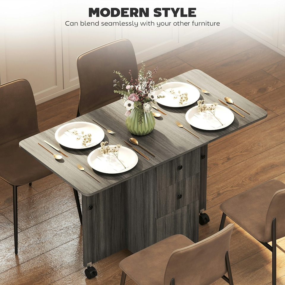 image 1 of HOMCOM Folding Dining Table, Drop Leaf Table With Storage Drawers Grey